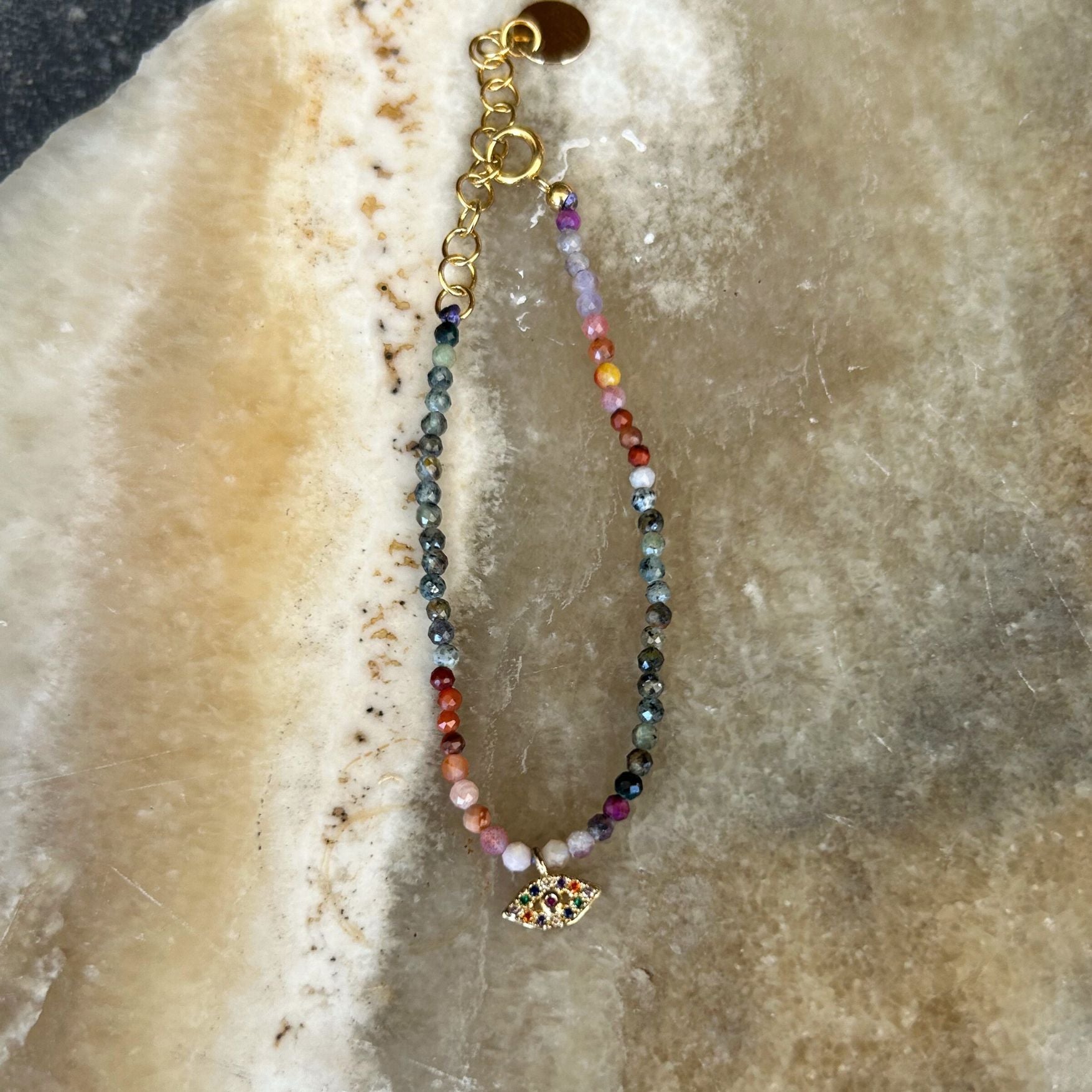 Rainbow Bead Bracelet with Evil Eye Charm