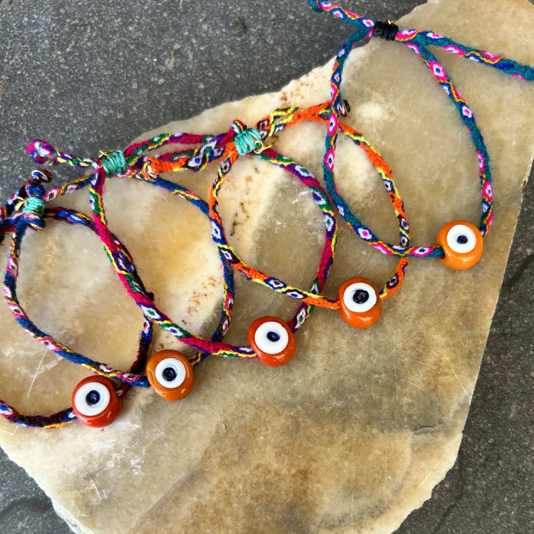 Orange Evil Eye Beaded String Bracelet - Mini