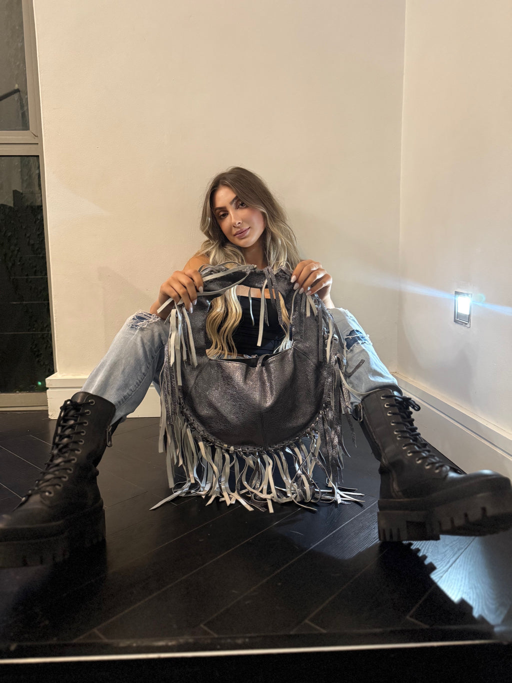 ZM The Label~Metallic Leather Gunmetal Tassel Bag