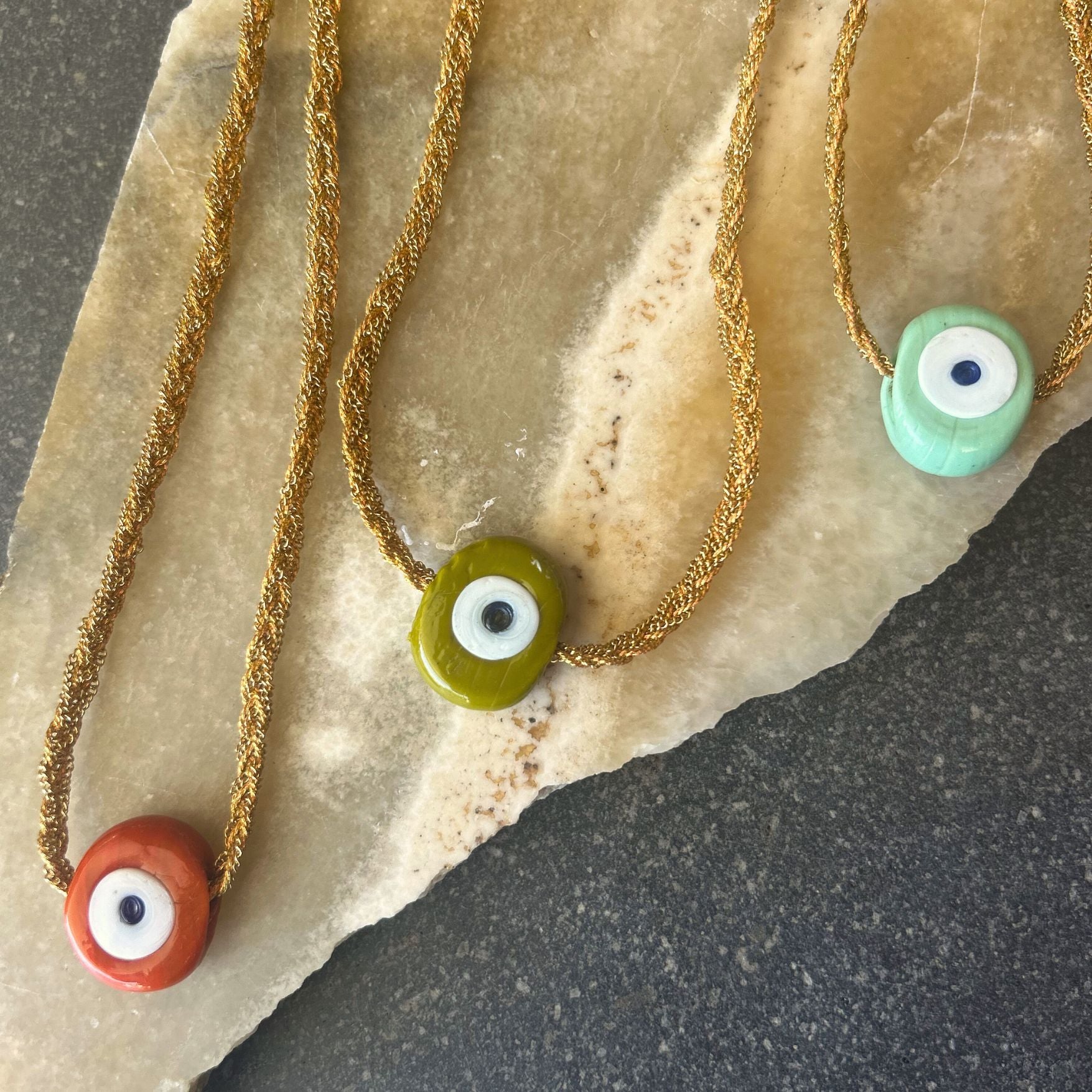 Evil Eye Bead Beads on Gold Textured Rope Necklace